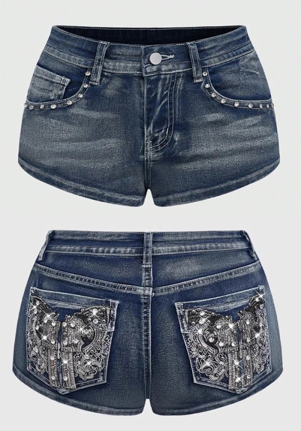 Women Embroidered Beaded Denim Shorts
