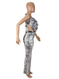 Women sexy Backless Zebra Print Mesh Top and Long Pants Two-piece