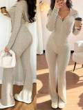 Women Autumn/Winter Casual Zipper Top Trousers Two-Piece Set