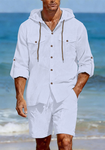 Men's Long-Sleeved Casual Top and Shorts Two-Piece Set