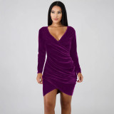 Women Sexy White Collar V-Neck Gold Velvet Bodycon Dress