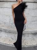 Women Slash Shoulder Patchwork Feather Evening Dress