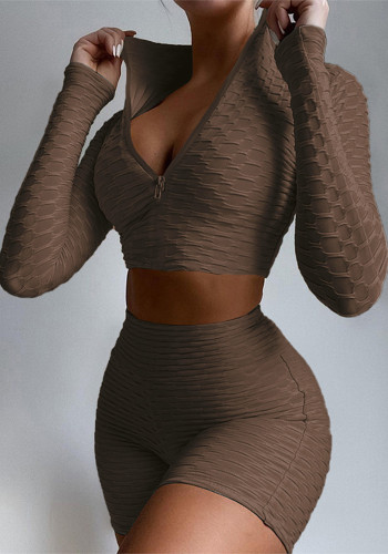 Women Casual Long Sleeve Top and Shorts Two-Piece Set