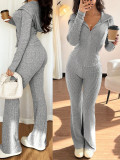 Women Autumn/Winter Casual Zipper Top Trousers Two-Piece Set