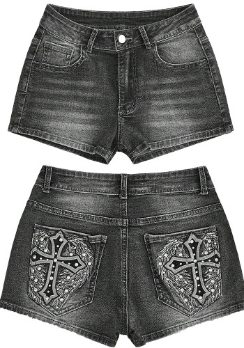 Women Sexy Embroidered Pocket Denim Shorts