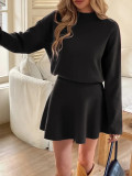 Women Long-Sleeved High-Neck Knitting Pleated Skirt