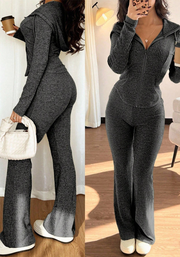 Women Autumn/Winter Casual Zipper Top Trousers Two-Piece Set