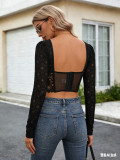 Women Long-Sleeved Mesh Lace See-Through Sexy Top