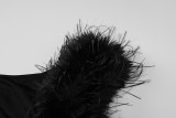 Women Slash Shoulder Patchwork Feather Evening Dress
