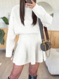 Women Long-Sleeved High-Neck Knitting Pleated Skirt