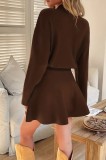 Women Long-Sleeved High-Neck Knitting Pleated Skirt