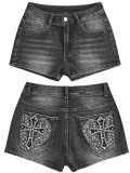 Women Sexy Embroidered Pocket Denim Shorts
