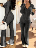 Women Autumn/Winter Casual Zipper Top Trousers Two-Piece Set