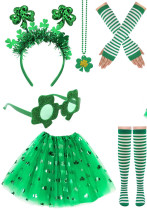 Women St. Patrick's Day Shamrock Necklace Mesh Skirt Socks Jewelry Necklace Set