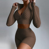 Women Casual Long Sleeve Top and Shorts Two-Piece Set