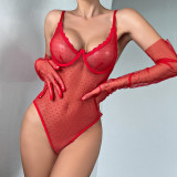 Women Basic Polka Dot Mesh See-Through Red Bodysuit Sexy Lingerie