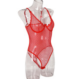 Women Basic Polka Dot Mesh See-Through Red Bodysuit Sexy Lingerie