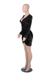 Women Sexy White Collar V-Neck Gold Velvet Bodycon Dress