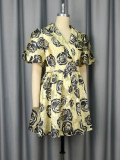 Rose Jacquard Turndown Collar Puff Sleeve Slim Waist A-Line Fashion Party Dress