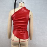 Spring Summer Women's Sleeveless Slash Shoulder PU Leather Asymmetric Ruched Top