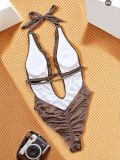 Solid Halter Neck Tie One-Piece Bikini Swimsuit