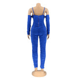 Winter Women's Sexy Halter Off Shoulder Long Sleeve Ruched Jumpsuit