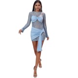 Spring Summer Women's Fashion Sexy Round Neck Lace Patchwork Long Sleeve Slim Fit Dress