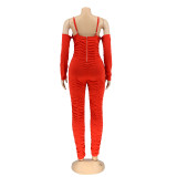 Winter Women's Sexy Halter Off Shoulder Long Sleeve Ruched Jumpsuit