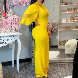 Women's Casual Slash Shoulder Button Cutout Wide Leg Jumpsuit
