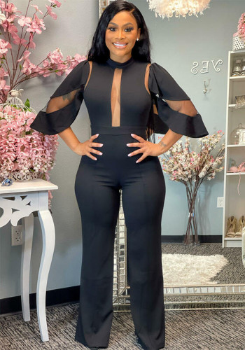 Women's Casual Slash Shoulder Button Cutout Wide Leg Jumpsuit