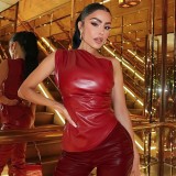 Spring Summer Women's Sleeveless Slash Shoulder PU Leather Asymmetric Ruched Top
