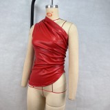 Spring Summer Women's Sleeveless Slash Shoulder PU Leather Asymmetric Ruched Top