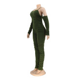 Winter Women's Sexy Halter Off Shoulder Long Sleeve Ruched Jumpsuit