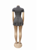 Summer Women's Fashion Rib Knit Zipper Solid Turndown Collar Top and Pleated Skirt Set