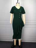 Elegant Ruffle Irregular Button Slim Waist Bodycon Chic Career Formal Party Dress