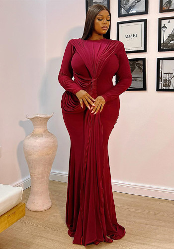 Spring Women's Elegant Solid Ruched Slim Fit Maxi Dress