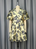 Rose Jacquard Turndown Collar Puff Sleeve Slim Waist A-Line Fashion Party Dress