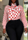 Plus Size Polka Dot Stand Collar Bow Puff Sleeve Loose Slim Fit Chic Career Top