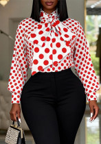 Plus Size Polka Dot Stand Collar Bow Puff Sleeve Loose Slim Fit Chic Career Top Plus Size Polka Dot Stand Collar Bow Puff Sleeve Loose Slim Fit Chic Career Top