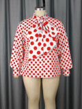 Plus Size Polka Dot Stand Collar Bow Puff Sleeve Loose Slim Fit Chic Career Top