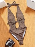 Solid Halter Neck Tie One-Piece Bikini Swimsuit