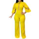 Women's Casual Slash Shoulder Button Cutout Wide Leg Jumpsuit