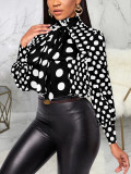 Plus Size Polka Dot Stand Collar Bow Puff Sleeve Loose Slim Fit Chic Career Top