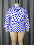 Plus Size Polka Dot Stand Collar Bow Puff Sleeve Loose Slim Fit Chic Career Top