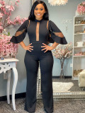 Women's Casual Slash Shoulder Button Cutout Wide Leg Jumpsuit