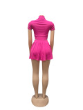 Summer Women's Fashion Rib Knit Zipper Solid Turndown Collar Top and Pleated Skirt Set
