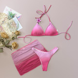 Women's Gradient Flower Lace-Up Mesh Skirt Bikini Three-Piece Set
