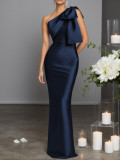 Elegant Dark Blue Satin One Shoulder Split Formal Party Evening Dress