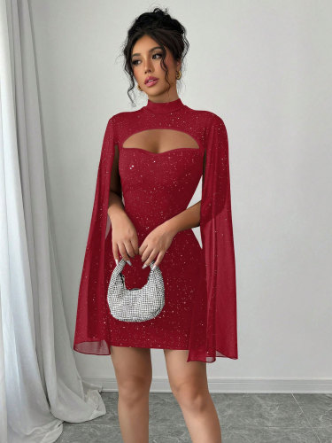 Women Round Neck Ribbed Pearl Chiffon Cape Bodycon Dress