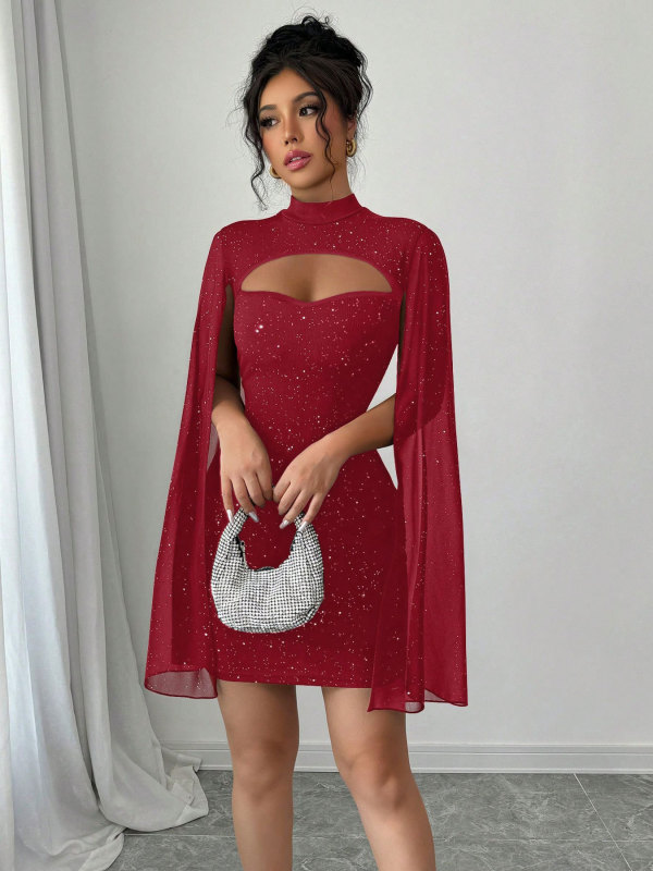 Women Round Neck Ribbed Pearl Chiffon Cape Bodycon Dress